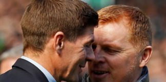 Rangers Manager and Celtic manager embrace