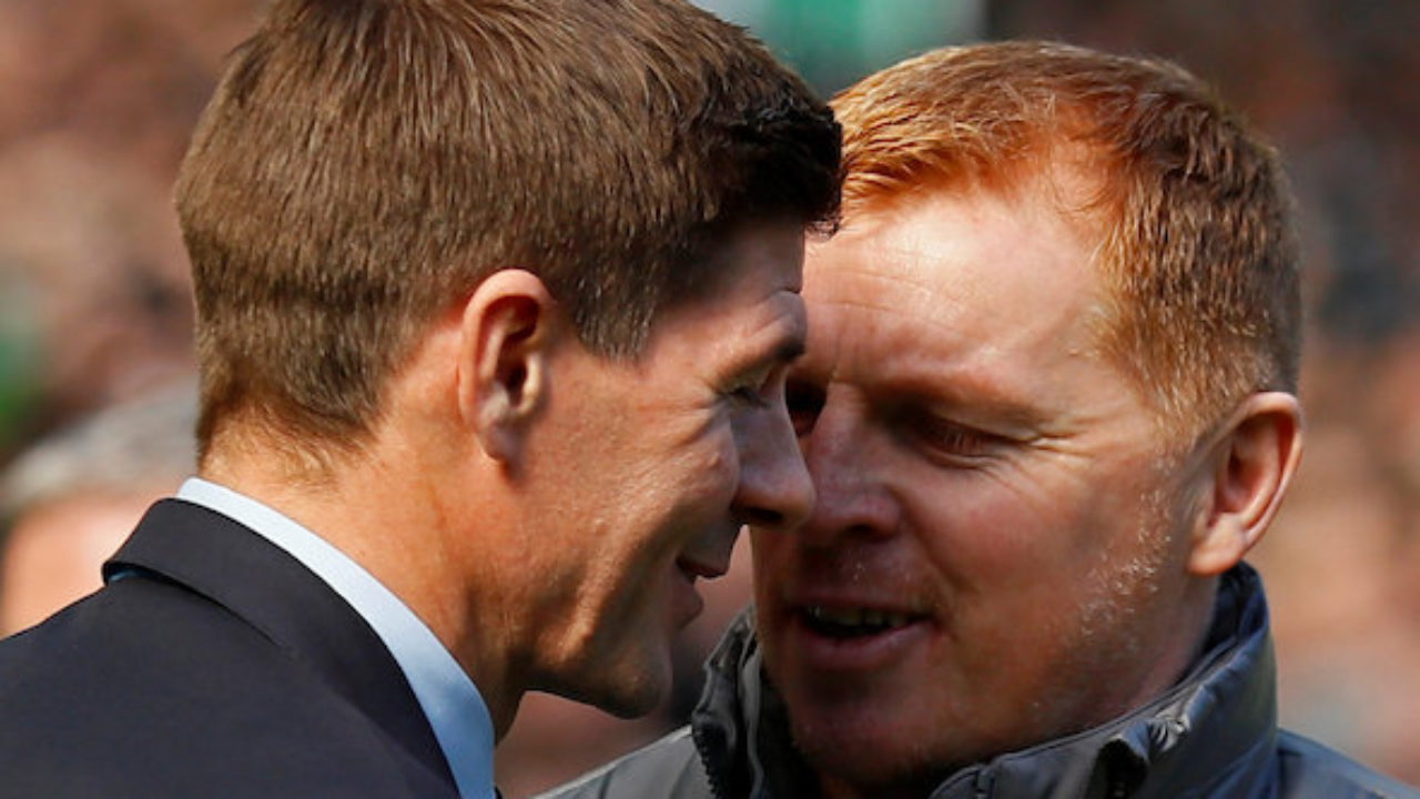 Rangers Manager and Celtic manager embrace