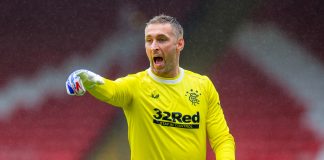ABERDEEN, SCOTLAND - AUGUST 01: Allan McGregor of Rangers FC reacts during the Ladbrokes Premiership match between Aberdeen and Rangers at Pittodrie Stadium on August 01, 2020 in Aberdeen, Scotland. Football Stadiums around Europe remain empty due to the Coronavirus Pandemic as Government social distancing laws prohibit fans inside venues resulting in all fixtures being played behind closed doors.