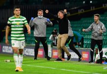 GLASGOW, SCOTLAND - AUGUST 26: Serhiy Rebrov, Manager of Ferencvaros (L2), celebrates on the side line at the full time whistle during the UEFA Champions League second qualifying round match between Celtic and Ferencvaros at Celtic Park on August 26, 2020 in Glasgow, Scotland. (Photo by Mark Runnacles/Getty Images)