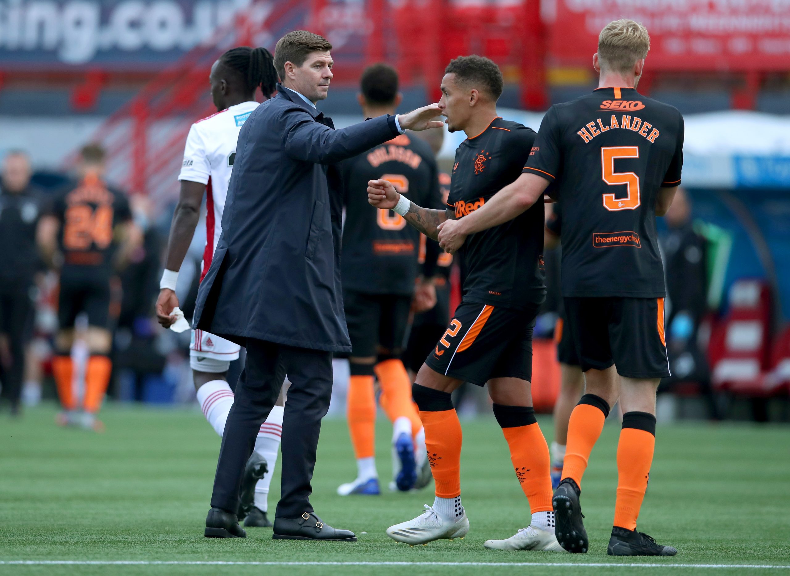Rangers manager Steven Gerrard greeting the players