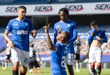 GLASGOW, SCOTLAND - AUGUST 09: Alfredo Morelos of Rangers FC celebrates after scoring his team's second goal during the Ladbrokes Scottish Premiership match between Rangers FC and St. Mirren at Ibrox Stadium on August 09, 2020 in Glasgow, Scotland.