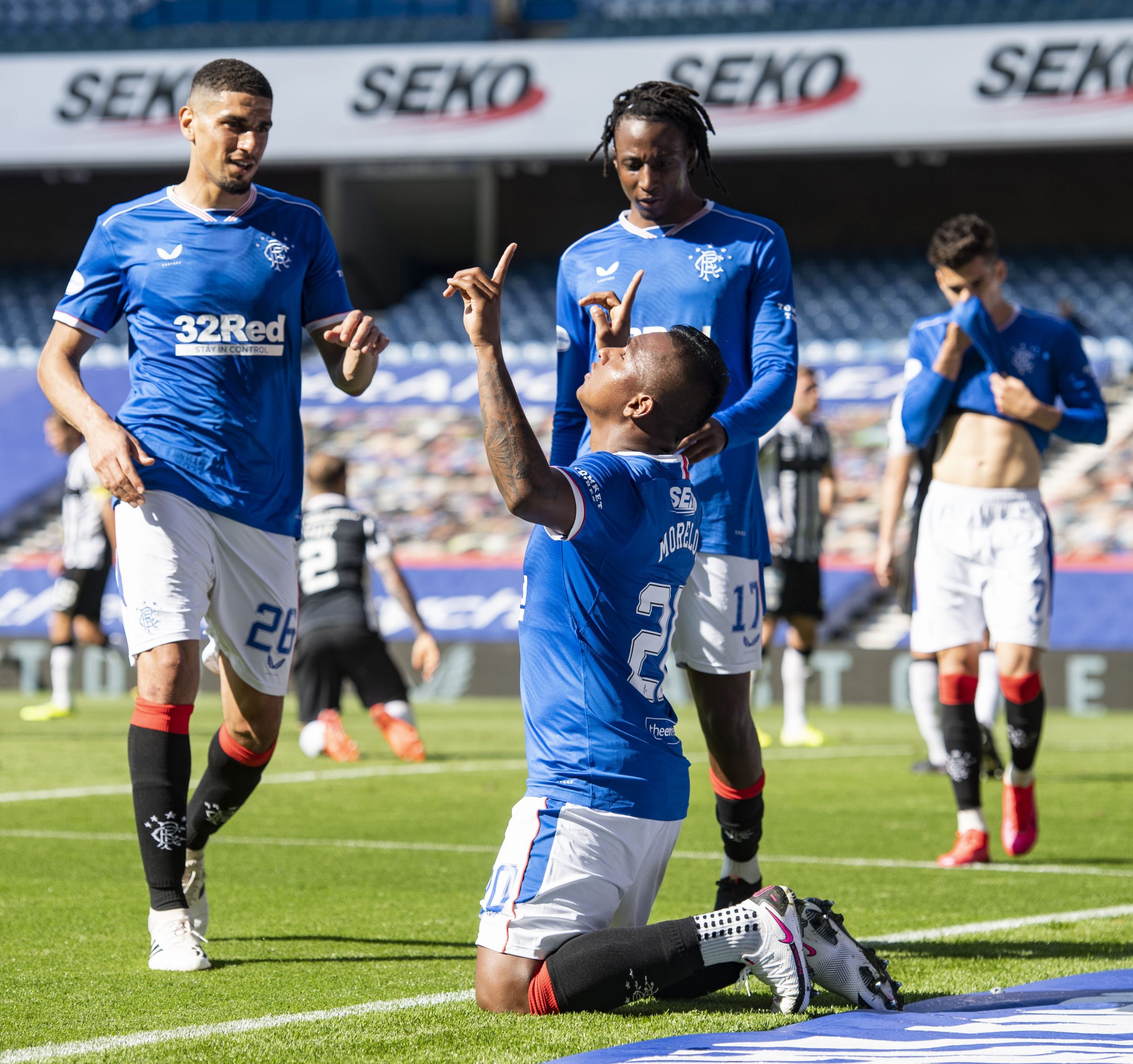 GLASGOW, SCOTLAND - AUGUST 09: Alfredo Morelos of Rangers FC celebrates after scoring his team's second goal during the Ladbrokes Scottish Premiership match between Rangers FC and St. Mirren at Ibrox Stadium on August 09, 2020 in Glasgow, Scotland.