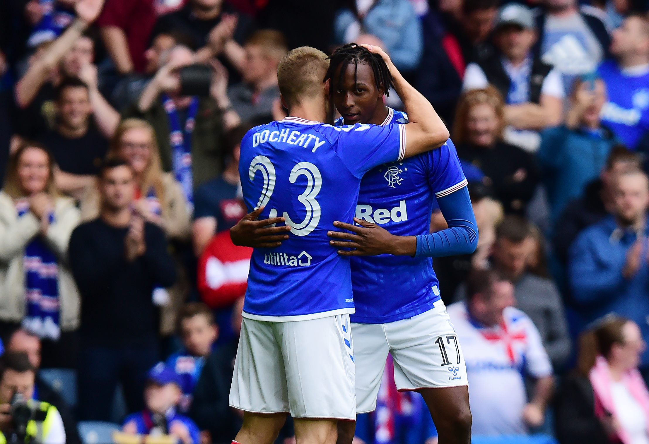 GLASGOW, SCOTLAND - JULY 18: Joseph Aribo of Rangers celebrates scoring the opening goal of the game with Greg Docherty of Rangers during the UEFA Europa League First Qualifying round 2nd Leg match between Rangers and St Joseph at Ibrox Stadium on July 18, 2019 in Glasgow, Scotland.