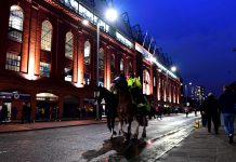 GLASGOW, SCOTLAND - MARCH 12: Police on horseback are seen outside the stadium prior to the UEFA Europa League round of 16 first leg match between Rangers FC and Bayer 04 Leverkusen at Ibrox Stadium on March 12, 2020 in Glasgow, United Kingdom.