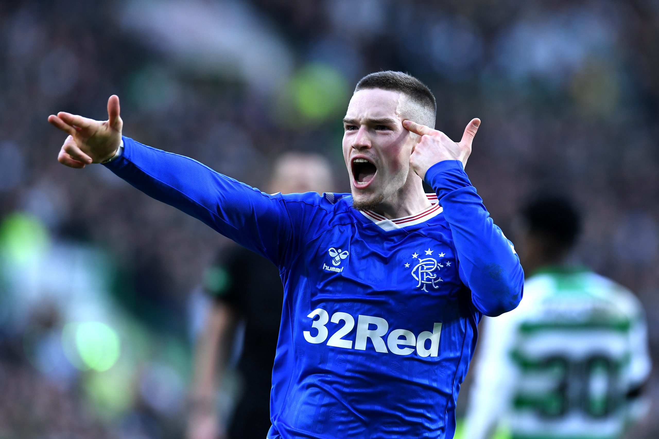 GLASGOW, SCOTLAND - DECEMBER 29: Ryan Kent of Rangers celebrates after scoring his sides first goal during the Ladbrokes Premiership match between Celtic and Rangers at Celtic Park on December 29, 2019 in Glasgow, Scotland.