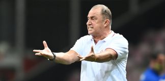 Galatasaray's head coach Fatih Terim reacts during the Turkish Super league football match between Galatasaray and Fenerbahce at TT Ali Samiyen sport complex in Istanbul on September 27, 2020.