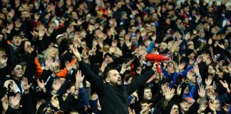 GLASGOW, SCOTLAND - FEBRUARY 20: Rangers fans during the UEFA Europa League round of 32 first leg match between Rangers FC and Sporting Braga at Ibrox Stadium on February 20, 2020 in Glasgow, United Kingdom.