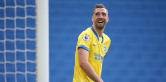 BRIGHTON, ENGLAND - AUGUST 29: Shane Duffy of Brighton and Hove Albion shares a joke with the fans during the pre-season friendly between Brighton & Hove Albion and Chelsea at Amex Stadium on August 29, 2020 in Brighton, England.