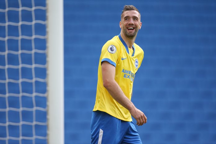 BRIGHTON, ENGLAND - AUGUST 29: Shane Duffy of Brighton and Hove Albion shares a joke with the fans during the pre-season friendly between Brighton & Hove Albion and Chelsea at Amex Stadium on August 29, 2020 in Brighton, England.