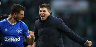 GLASGOW, SCOTLAND - DECEMBER 29: Rangers Manager Steven Gerrard celebrates at full time during the Ladbrokes Premiership match between Celtic and Rangers at Celtic Park on December 29, 2019 in Glasgow, Scotland.