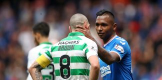 GLASGOW, SCOTLAND - SEPTEMBER 01: Alfredo Morelos of Rangers FC acknowledges Scott Brown of Celtic following Celtics victory after the Ladbrokes Premiership match between Rangers and Celtic at Ibrox Stadium on September 01, 2019 in Glasgow, Scotland.