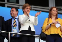 NICE, FRANCE - JUNE 09: Nicola Sturgeon, First Minister of Scotland looks on from the stands prior to the 2019 FIFA Women's World Cup France group D match between England and Scotland at Stade de Nice on June 09, 2019 in Nice, France.