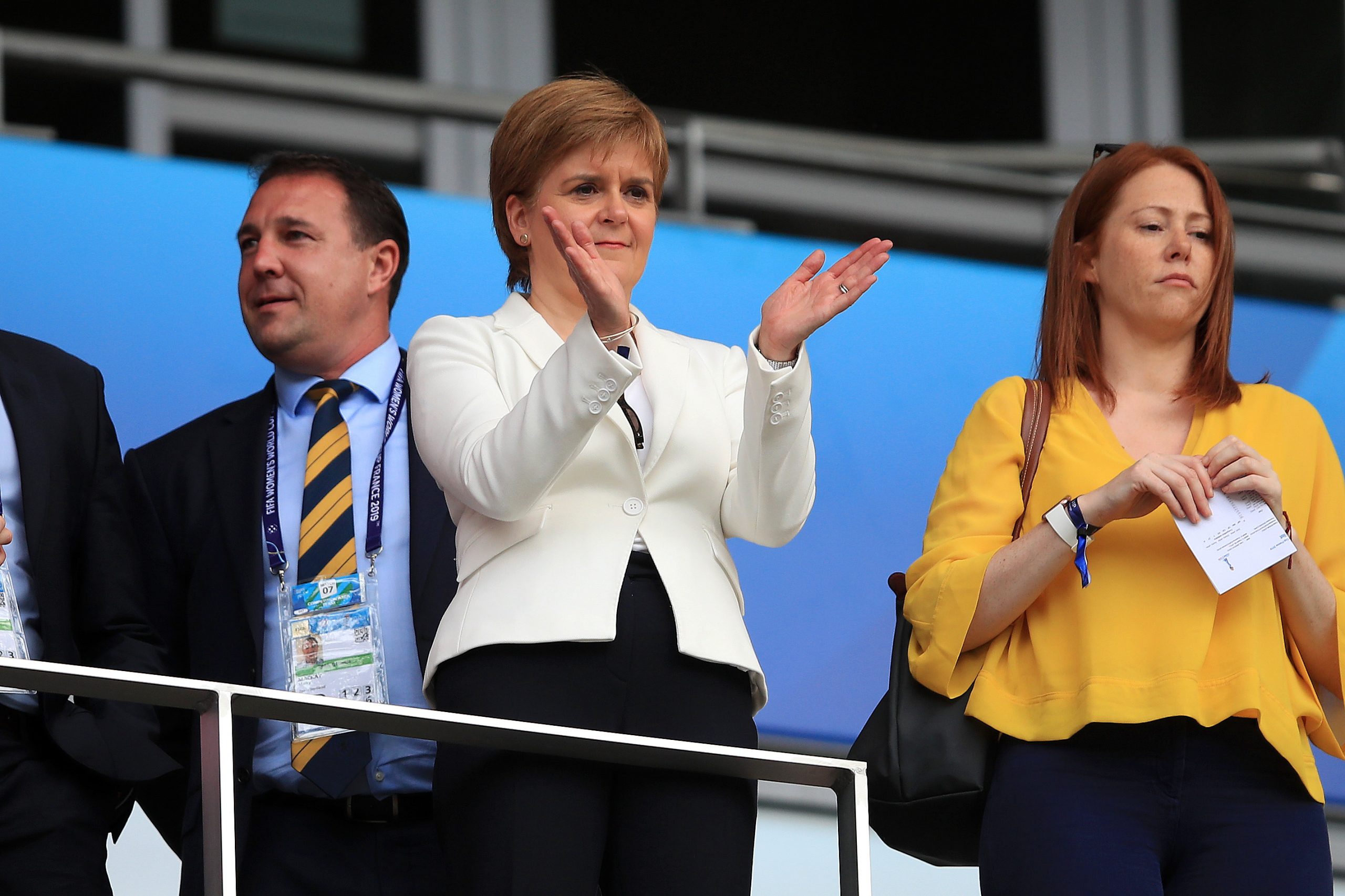 NICE, FRANCE - JUNE 09: Nicola Sturgeon, First Minister of Scotland looks on from the stands prior to the 2019 FIFA Women's World Cup France group D match between England and Scotland at Stade de Nice on June 09, 2019 in Nice, France.
