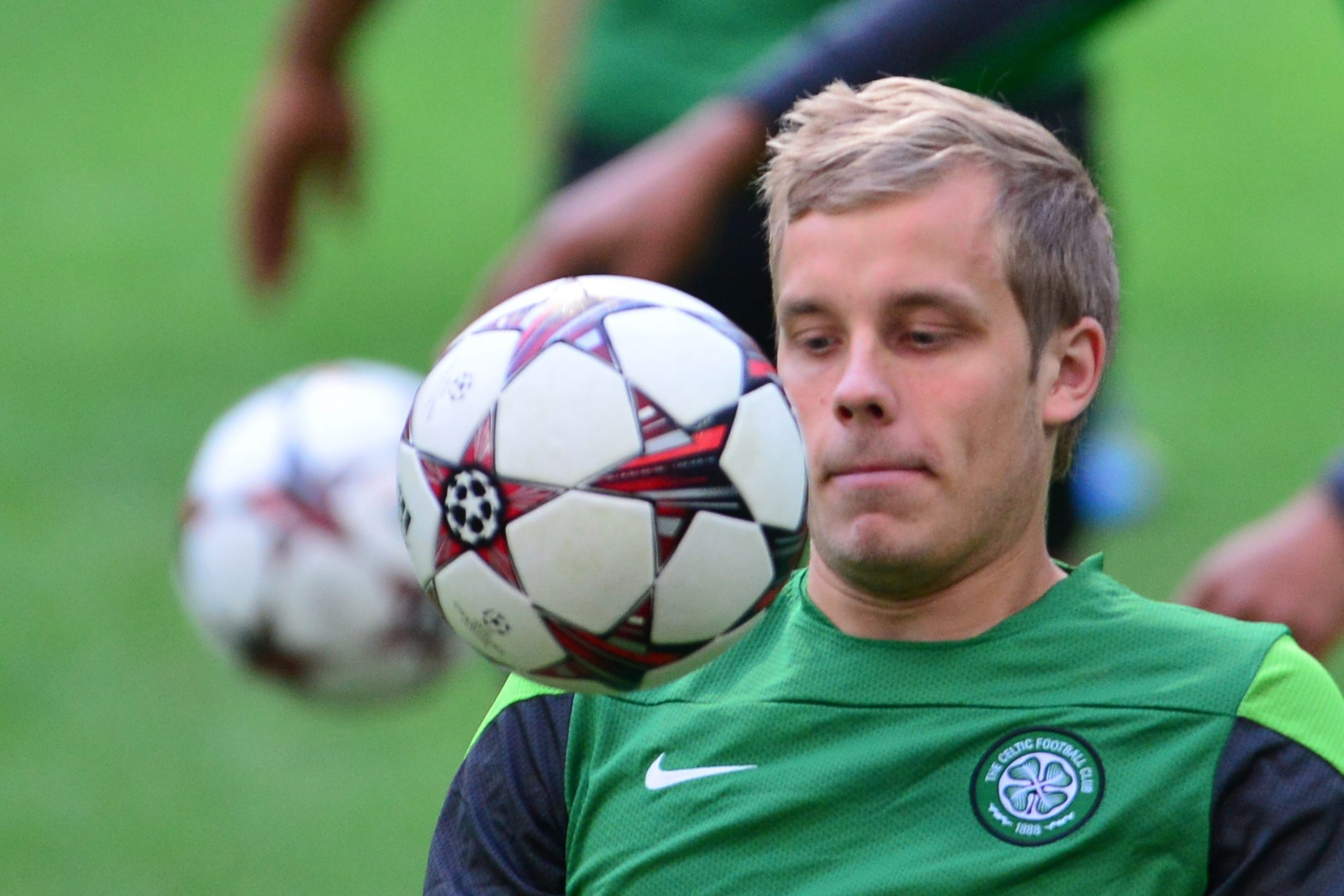 Celtic's Finn forward Teemu Pukki trains on September 17, 2013 at the San Siro Stadium in Milan on the eve of a Champions League Group H football match against AC Milan.