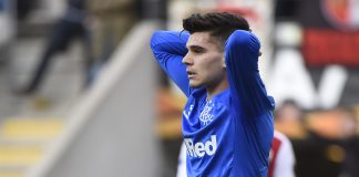 Rangers' Romanian midfielder Ianis Hagi reacts to missing a chance to score a goal during the UEFA Europa League round of 32 second leg football match between SC Braga and Rangers at the Municipal stadium in Braga on February 26, 2020.