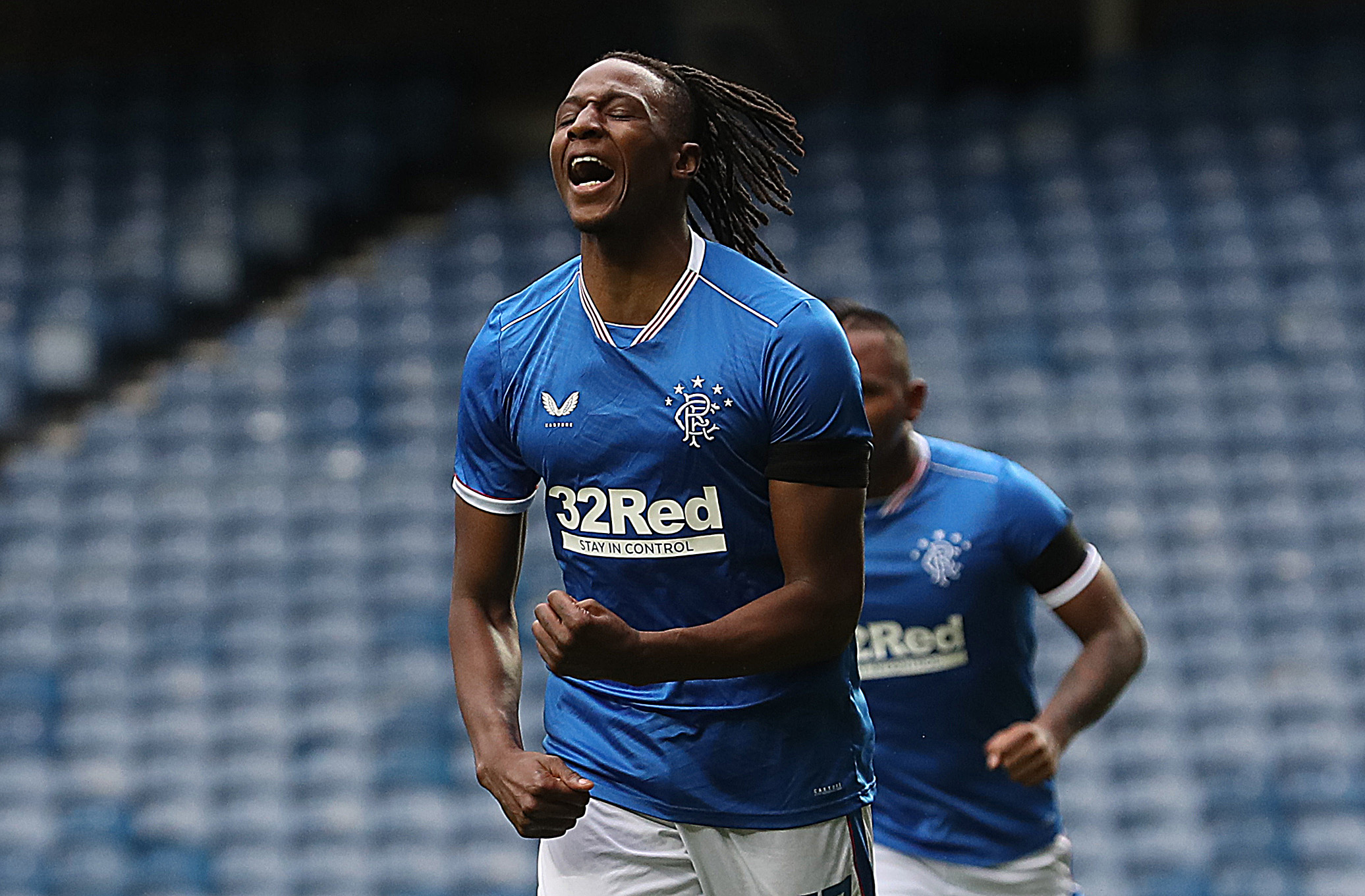 GLASGOW, SCOTLAND - JULY 25: Joe Aribo of Rangers celebrates after scoring the opening goal during the pre season friendly match between Rangers and Coventry City at Ibrox Stadium on July 25, 2020 in Glasgow, Scotland.