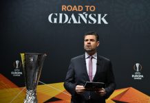 UEFA host Pedro Pinto speaks prior to the UEFA Europa League football cup's round of 16 draw ceremony in Nyon on February 28, 2020.