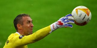 LIEGE, BELGIUM - OCTOBER 22: Goalkeeper, Allan McGregor of Rangers FC in action during the UEFA Europa League Group D stage match between Standard Liege and Rangers at Stade Maurice Dufrasne on October 22, 2020 in Liege, Belgium.