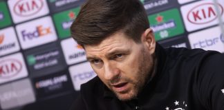 Rangers' head coach Steven Gerrard pictured during a press conference of Scotish club Rangers FC, Wednesday 21 October 2020, in Liege. Tomorrow they will meet Belgian soccer Standard de Liege in the first day of the group phase (group D) of the UEFA Europa League competition. BELGA PHOTO VIRGINIE LEFOUR