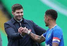 GLASGOW, SCOTLAND - OCTOBER 17: Steven Gerrard, Manager of Rangers interacts with James Tavernier of Rangers during the Ladbrokes Scottish Premiership match between Celtic and Rangers at Celtic Park on October 17, 2020 in Glasgow, Scotland. Sporting stadiums around the UK remain under strict restrictions due to the Coronavirus Pandemic as Government social distancing laws prohibit fans inside venues resulting in games being played behind closed doors.