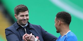 GLASGOW, SCOTLAND - OCTOBER 17: Steven Gerrard, Manager of Rangers interacts with James Tavernier of Rangers during the Ladbrokes Scottish Premiership match between Celtic and Rangers at Celtic Park on October 17, 2020 in Glasgow, Scotland. Sporting stadiums around the UK remain under strict restrictions due to the Coronavirus Pandemic as Government social distancing laws prohibit fans inside venues resulting in games being played behind closed doors.