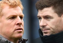 FILE PHOTO (EDITORS NOTE: COMPOSITE OF IMAGES - Image numbers 1142607800, 1125241854 - GRADIENT ADDED) In this composite image a comparison has been made between Neil Lennon the manager of Celtic (L) and Rangers manager Steven Gerrard. Celtic and Rangers meet in a Scottish Premiership fixture on October 17,2020 at Celtic Park in Glasgow, Scotland. ***LEFT IMAGE*** GLASGOW, SCOTLAND - APRIL 14: Neil Lennon the manager of Celtic prior to the Scottish Cup semi-final between Aberdeen and Celtic at Hampden Park on April 14, 2019 in Glasgow, Scotland. (Photo by Ian MacNicol/Getty Images) ***RIGHT IMAGE*** GLASGOW, SCOTLAND - FEBRUARY 16: Rangers manager Steven Gerrard looks on during the Ladbrokes Scottish Premiership match between Rangers and St Johnstone at Ibrox Stadium on February 16, 2019 in Glasgow, Scotland.