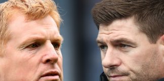 FILE PHOTO (EDITORS NOTE: COMPOSITE OF IMAGES - Image numbers 1142607800, 1125241854 - GRADIENT ADDED) In this composite image a comparison has been made between Neil Lennon the manager of Celtic (L) and Rangers manager Steven Gerrard. Celtic and Rangers meet in a Scottish Premiership fixture on October 17,2020 at Celtic Park in Glasgow, Scotland. ***LEFT IMAGE*** GLASGOW, SCOTLAND - APRIL 14: Neil Lennon the manager of Celtic prior to the Scottish Cup semi-final between Aberdeen and Celtic at Hampden Park on April 14, 2019 in Glasgow, Scotland. (Photo by Ian MacNicol/Getty Images) ***RIGHT IMAGE*** GLASGOW, SCOTLAND - FEBRUARY 16: Rangers manager Steven Gerrard looks on during the Ladbrokes Scottish Premiership match between Rangers and St Johnstone at Ibrox Stadium on February 16, 2019 in Glasgow, Scotland.