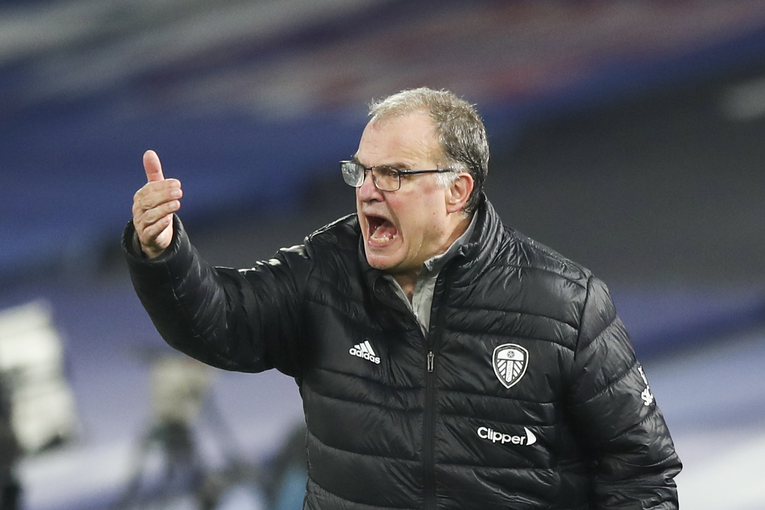 Leeds United's Argentinian head coach Marcelo Bielsa reacts during the English Premier League football match between Crystal Palace and Leeds United at Selhurst Park in south London on November 7, 2020. (Photo by Naomi Baker / POOL / AFP) / RESTRICTED TO EDITORIAL USE. No use with unauthorized audio, video, data, fixture lists, club/league logos or 'live' services. Online in-match use limited to 120 images. An additional 40 images may be used in extra time. No video emulation. Social media in-match use limited to 120 images. An additional 40 images may be used in extra time. No use in betting publications, games or single club/league/player publications. /