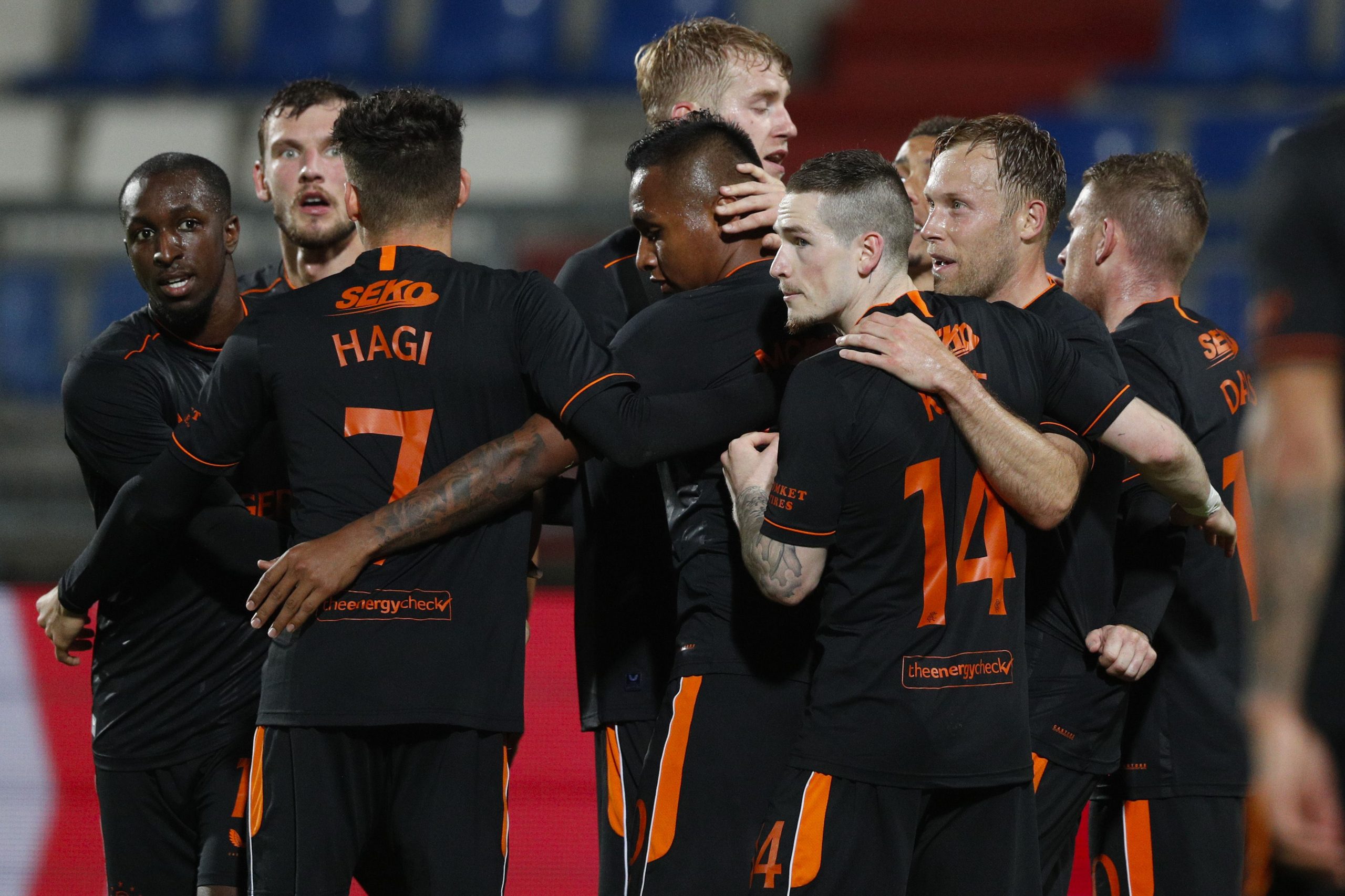 Rangers' players celebrate after the 0-3 goal during the Europa League qualifying round football match between Willem II Tilburg and Rangers FC at the Koning Willem II stadium on September 24, 2020 in Tilburg, Netherlands. (Photo by Jeroen Putmans / ANP / AFP) / Netherlands OUT