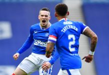 GLASGOW, SCOTLAND - NOVEMBER 22: Ryan Kent of Rangers(L) celebrates after scoring their sides first goal with James Tavernier of Rangers(R) during the Ladbrokes Scottish Premiership match between Rangers and Aberdeen at Ibrox Stadium on November 22, 2020 in Glasgow, Scotland. Sporting stadiums around the UK remain under strict restrictions due to the Coronavirus Pandemic as Government social distancing laws prohibit fans inside venues resulting in games being played behind closed doors.