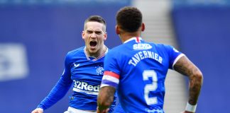 GLASGOW, SCOTLAND - NOVEMBER 22: Ryan Kent of Rangers(L) celebrates after scoring their sides first goal with James Tavernier of Rangers(R) during the Ladbrokes Scottish Premiership match between Rangers and Aberdeen at Ibrox Stadium on November 22, 2020 in Glasgow, Scotland. Sporting stadiums around the UK remain under strict restrictions due to the Coronavirus Pandemic as Government social distancing laws prohibit fans inside venues resulting in games being played behind closed doors.
