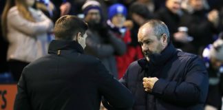 KILMARNOCK, SCOTLAND - FEBRUARY 09: Steven Gerrard, Manager of Rangers shakes hands with Steve Clarke, Manager of Kilmarnock FC prior to the Scottish Cup 5th Round match between Kilmarnock and Rangers at Rugby Park on February 9, 2019 in Kilmarnock, Scotland