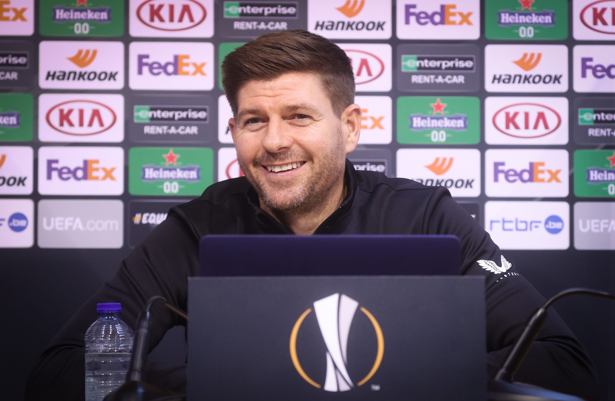 Rangers' head coach Steven Gerrard pictured during a press conference of Scotish club Rangers FC, Wednesday 21 October 2020, in Liege. Tomorrow they will meet Belgian soccer Standard de Liege in the first day of the group phase (group D) of the UEFA Europa League competition. BELGA PHOTO VIRGINIE LEFOUR
