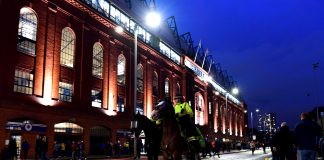 GLASGOW, SCOTLAND - MARCH 12: Police on horseback are seen outside the stadium prior to the UEFA Europa League round of 16 first leg match between Rangers FC and Bayer 04 Leverkusen at Ibrox Stadium on March 12, 2020 in Glasgow, United Kingdom.