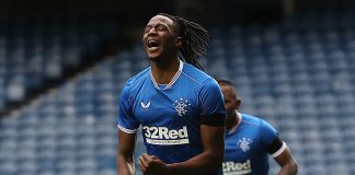 GLASGOW, SCOTLAND - JULY 25: Joe Aribo of Rangers celebrates after scoring the opening goal during the pre season friendly match between Rangers and Coventry City at Ibrox Stadium on July 25, 2020 in Glasgow, Scotland.
