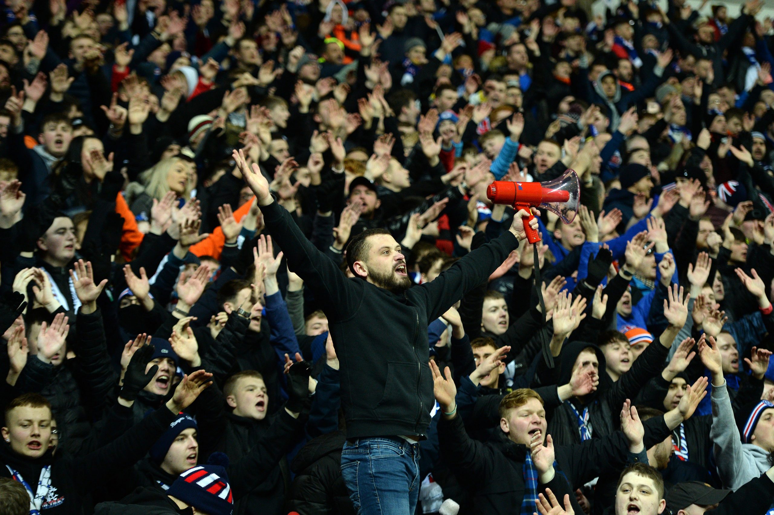 GLASGOW, SCOTLAND - FEBRUARY 20: Rangers fans during the UEFA Europa League round of 32 first leg match between Rangers FC and Sporting Braga at Ibrox Stadium on February 20, 2020 in Glasgow, United Kingdom.