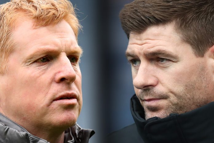 Celtic v Rangers - Ladbrokes Scottish Premiership FILE PHOTO (EDITORS NOTE: COMPOSITE OF IMAGES - Image numbers 1142607800, 1125241854 - GRADIENT ADDED) In this composite image a comparison has been made between Neil Lennon the manager of Celtic (L) and Rangers manager Steven Gerrard. Celtic and Rangers meet in a Scottish Premiership fixture on October 17,2020 at Celtic Park in Glasgow, Scotland. ***LEFT IMAGE*** GLASGOW,