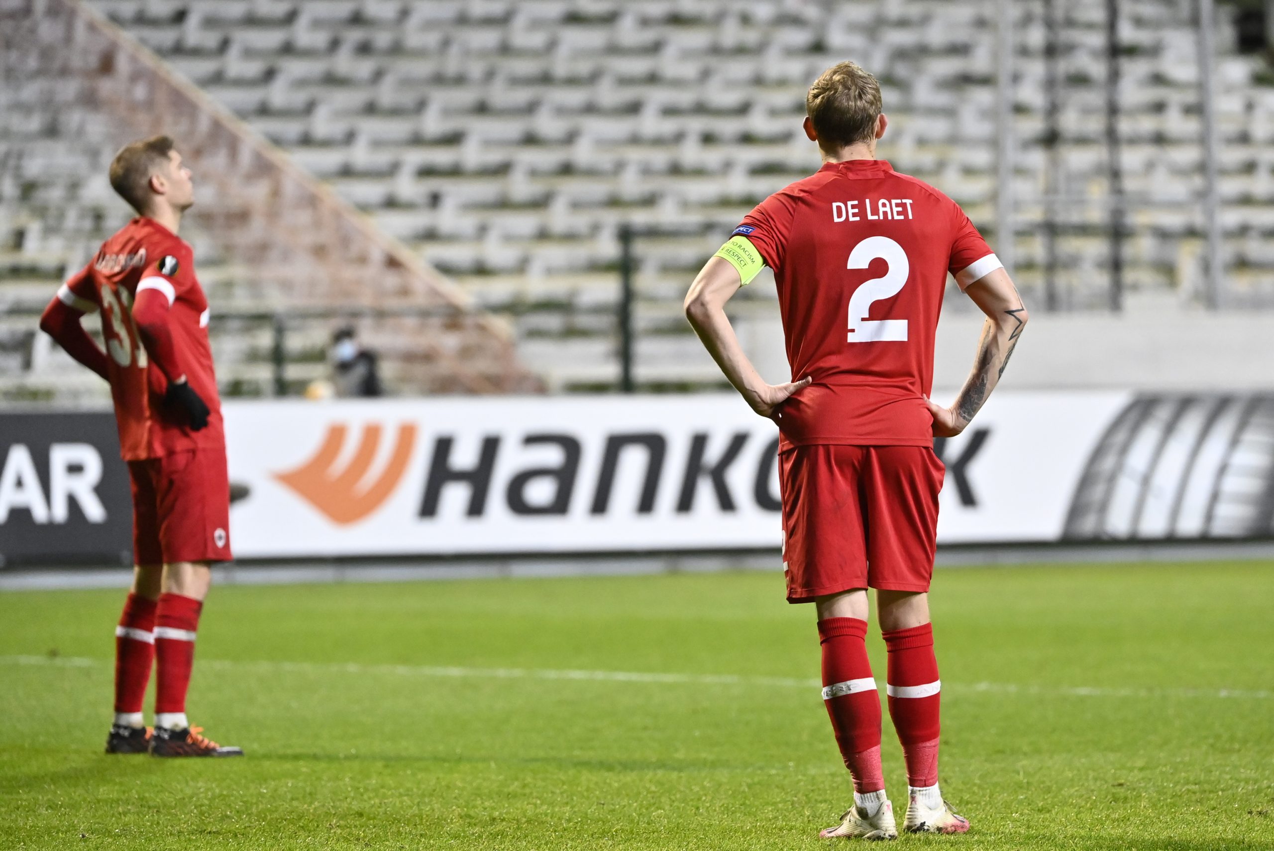 Antwerp's Ritchie De Laet shows dejection after losing a soccer game between Belgian club Royal Antwerp FC and Scottish Rangers F.C., Thursday 18 February 2021 in Antwerp, the first leg of the 1/16 finals of the UEFA Europa League competition. BELGA PHOTO DIRK WAEM