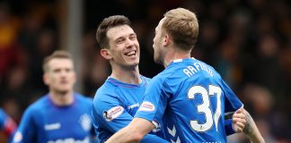 MOTHERWELL, SCOTLAND - APRIL 07: Scott Arfield of Rangers (R) celebrates after scoring his team's second goal with Ryan Jack of Rangers during the Scottish Ladbrokes Premiership match between Motherwell and Rangers at Fir Park on April 07, 2019 in Motherwell, Scotland.