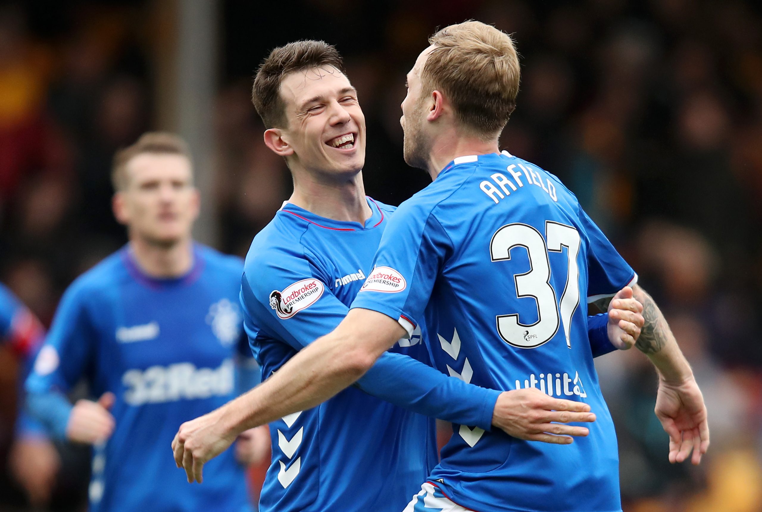 MOTHERWELL, SCOTLAND - APRIL 07: Scott Arfield of Rangers (R) celebrates after scoring his team's second goal with Ryan Jack of Rangers during the Scottish Ladbrokes Premiership match between Motherwell and Rangers at Fir Park on April 07, 2019 in Motherwell, Scotland.