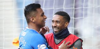 GLASGOW, SCOTLAND - FEBRUARY 21: Alfredo Morelos of Rangers celebrates with Jermain Defoe of Rangers after he scores his sides fourth goal during the Ladbrokes Scottish Premier League match between Rangers and Dundee United at Ibrox Stadium on February 21, 2021 in Glasgow, Scotland. Sporting stadiums around the UK remain under strict restrictions due to the Coronavirus Pandemic as Government social distancing laws prohibit fans inside venues resulting in games being played behind closed doors.