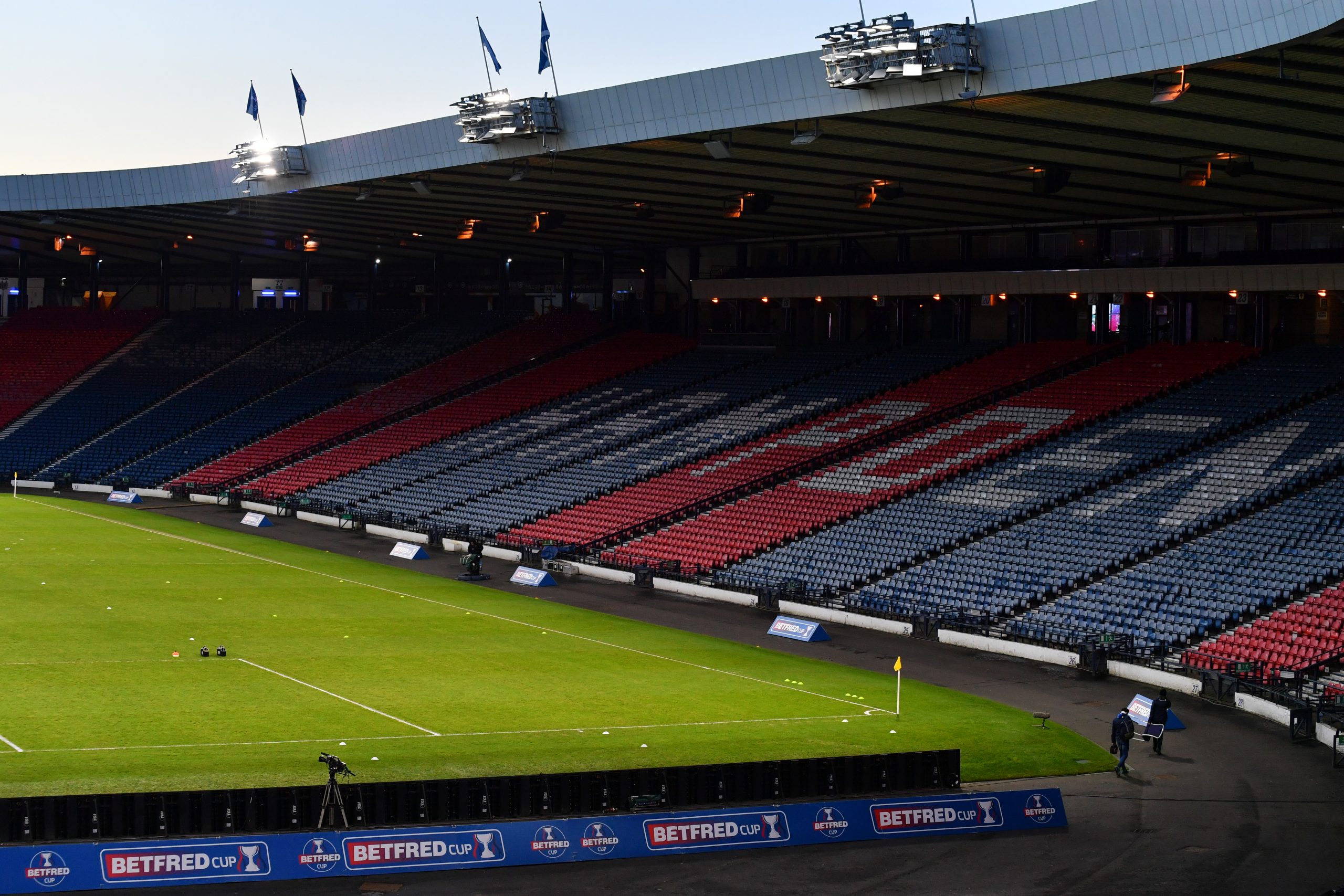 GLASGOW, SCOTLAND - JANUARY 23: A general view inside the stadium prior to the Betfred Cup Semi-Final match between St Johnstone and Hibernian at Hampden Park on January 23, 2021 in Glasgow, Scotland. Sporting stadiums around the UK remain under strict restrictions due to the Coronavirus Pandemic as Government social distancing laws prohibit fans inside venues resulting in games being played behind closed doors.