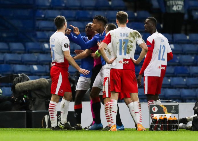 Mandatory Credit: Photo by Stuart Wallace/BPI/Shutterstock (11804817dv) Glen Kamara and Bongani Zungu of Rangers confron EDITORIAL USE ONLY No use with unauthorised audio, video, data, fixture lists, club/league logos or live services. Online in-match use limited to 120 images, no video emulation. No use in betting, games or single club/league/player publications. Rangers v Slavia Prague, UEFA Europa League, Round Of 16, Second Leg, Football, Ibrox Stadium, Glasgow, UK - 18 Mar 2021 EDITORIAL USE ONLY No use with unauthorised audio, video, data, fixture lists, club/league logos or live services. Online in-match use limited to 120 images, no video emulation. No use in betting, games or single club/league/player publications. PUBLICATIONxINxGERxSUIxAUTXHUNxGRExMLTxCYPxROMxBULxUAExKSAxONLY Copyright: xStuartxWallace/BPI/Shutterstockx 11804817dv