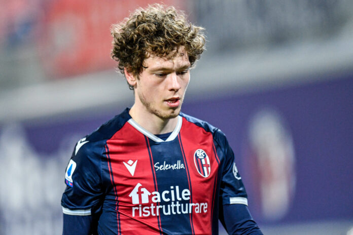 Andreas Skov Olsen (Bologna FC) during Bologna FC vs Inter FC Internazionale, Italian football Serie A match in Bologna, Andreas Skov Olsen in his Bologna days.