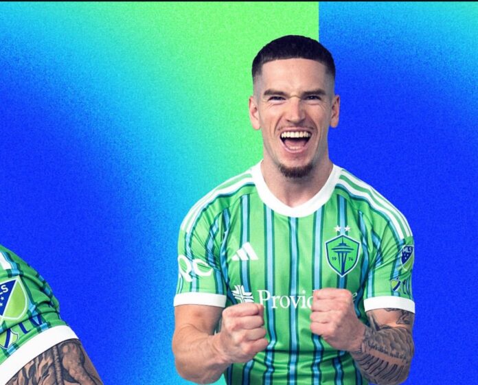 Ryan Kent in the green of the Sounders