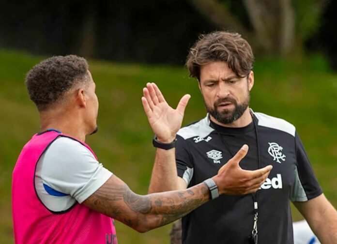 Russell Martin overseeing training at Rangers Training Centre in club gear