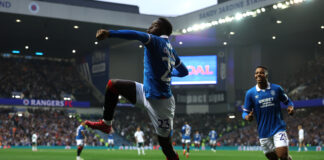 Djeidi Gassama celebrates after scoring for Rangers during a UEFA Champions League qualifier at Ibrox.