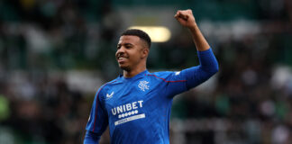 Hamza Igamane in Rangers kit during a match amid transfer to Lille