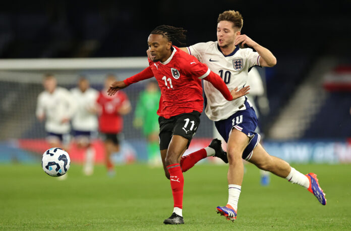 Thierno Ballom playing for Austria U21 against England in an international friendly